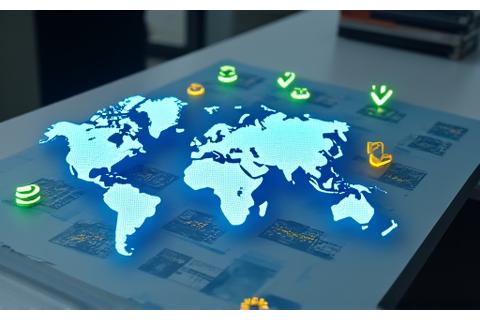 世界地図と様々な国際規制アイコンを組み合わせたビジネスドキュメント。グローバルな展開とコンプライアンス管理を象徴しています。